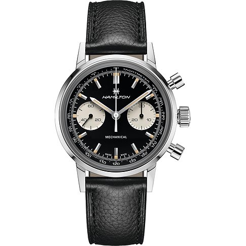 Hamilton Herrenuhr aus Edelstahl mit schwarzem Zifferblatt und schwarzem Lederarmband, Ansicht von vorne.