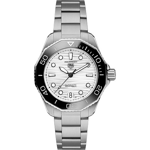 TAG Heuer Damenuhr aus Edelstahl, mit weißem Zifferblatt und schwarzer Lünette.