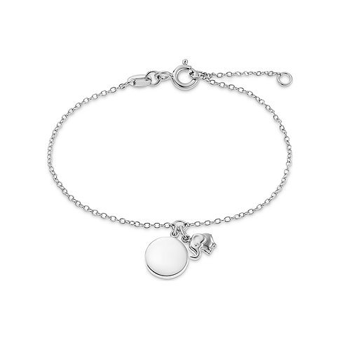 FAVS Little Friends Armband aus 925er Silber mit Elefanten- und gravierbarem Plättchen-Anhänger in Vorderansicht.