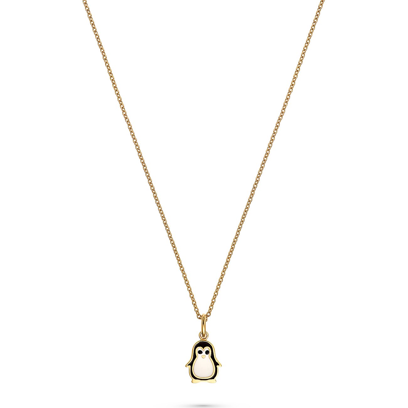 FAVS Little Friends Halskette aus Silber mit einem kleinen Pinguin-Anhänger mit weißer Emaille auf einer Goldkette.