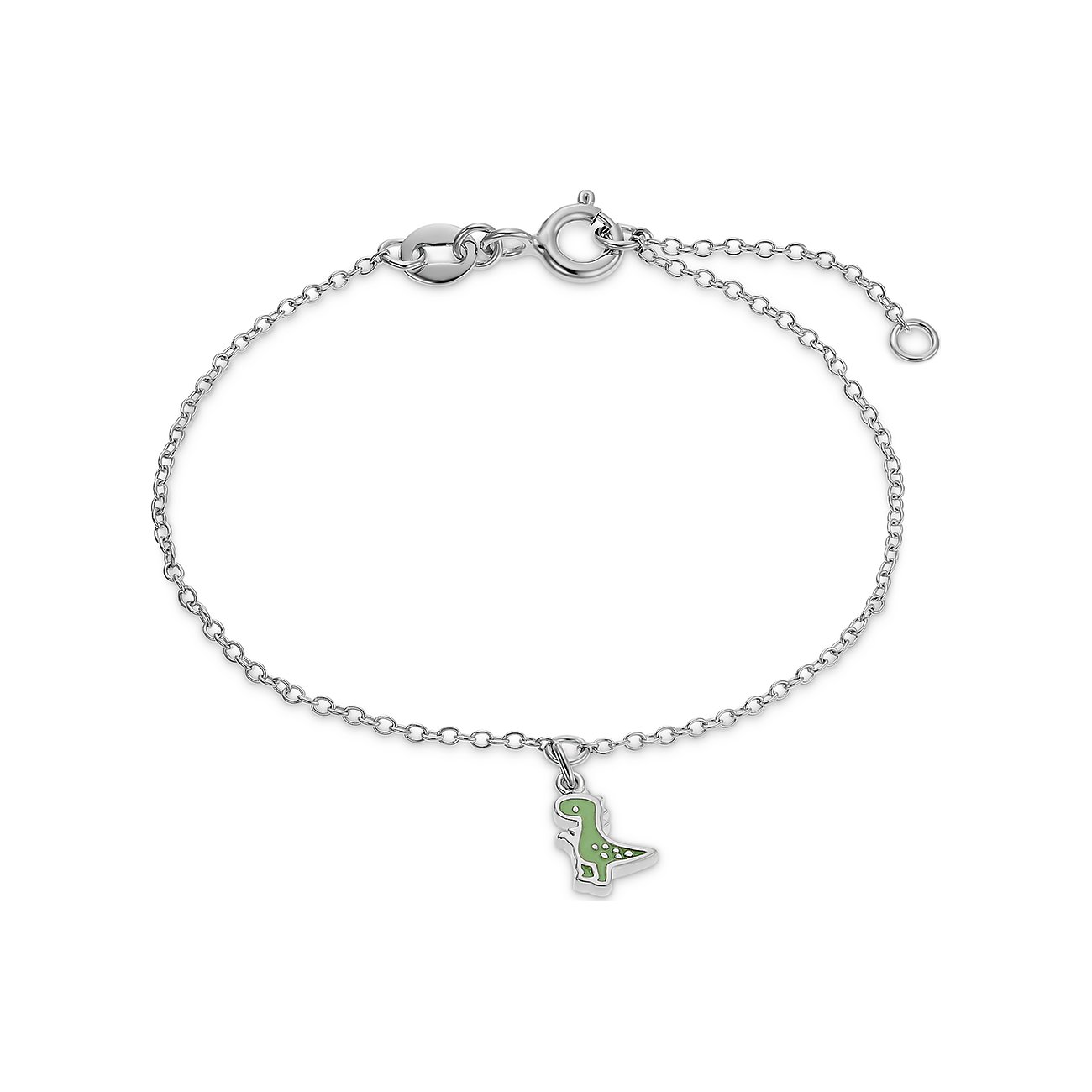 FAVS Little Friends Armschmuck aus 925er Silber mit einem Anhänger in Form eines grünen Dinos.