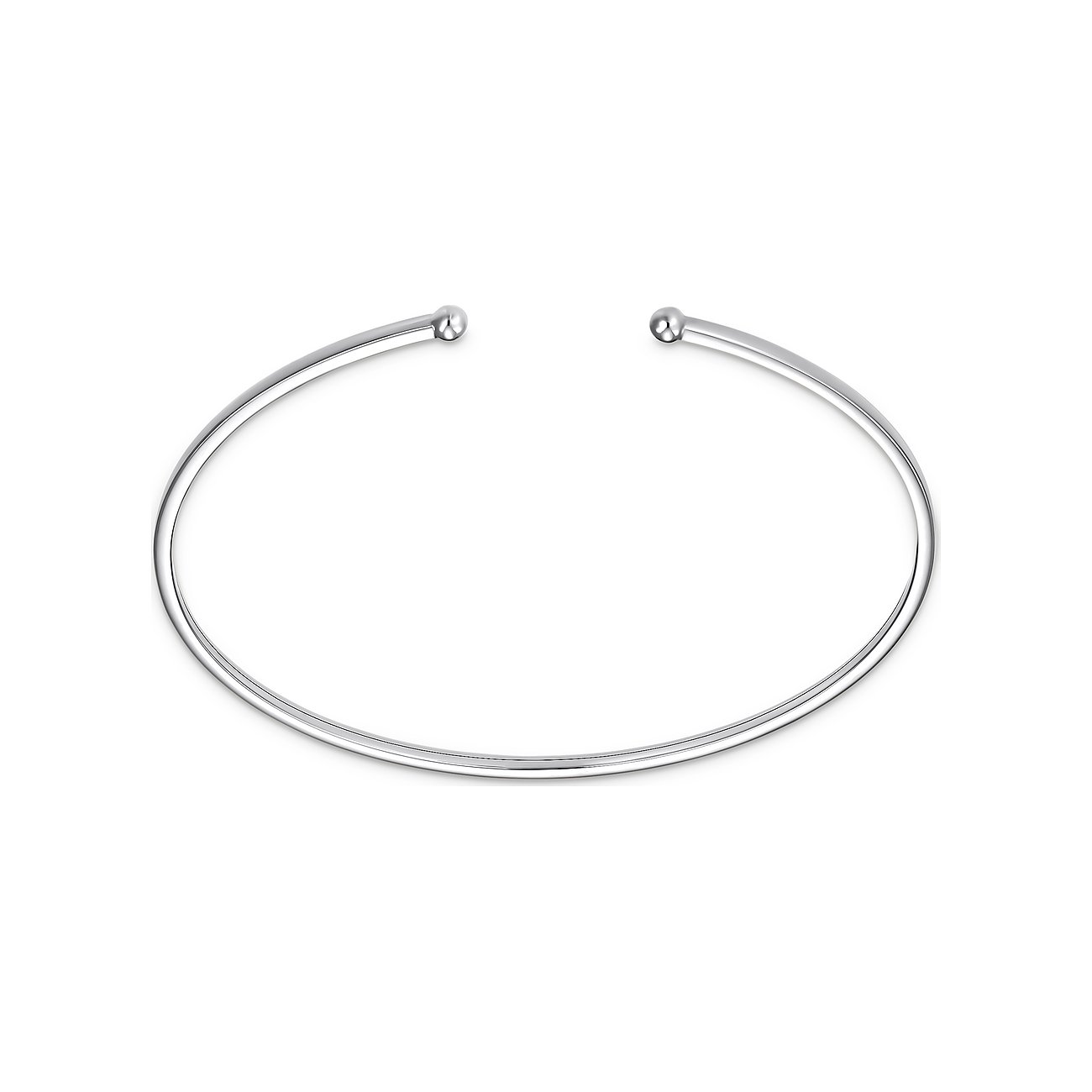 Ein glänzender, runder GUIA Armreifen aus Weißgold mit offenen Enden, die jeweils in einer silbernen Kugel enden.