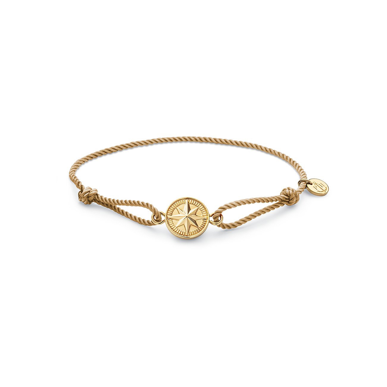 Paul Hewitt Armband aus beiger Seide und goldfarbenem Edelstahl mit Kompassmotiv in der Mitte und Logoanhänger.