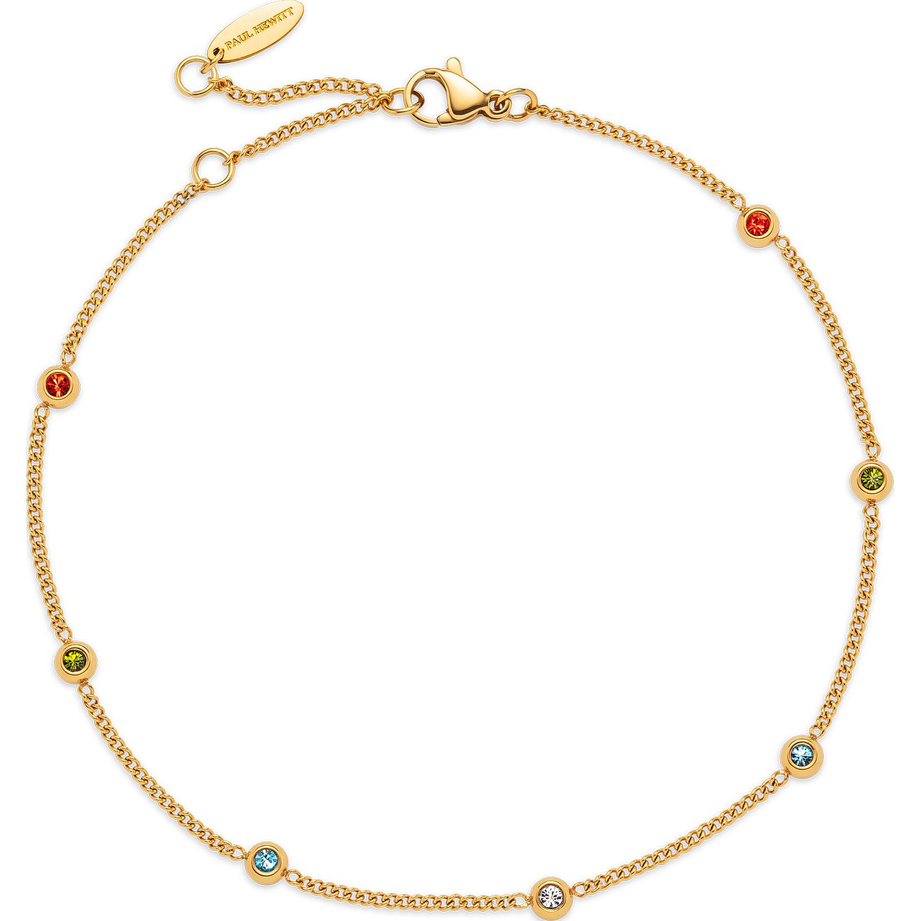 Ein Paul Hewitt goldfarbenes Armband aus Edelstahl mit bunten Glassteinen in Rot, Gelb und Blau, verschlussbereit.
