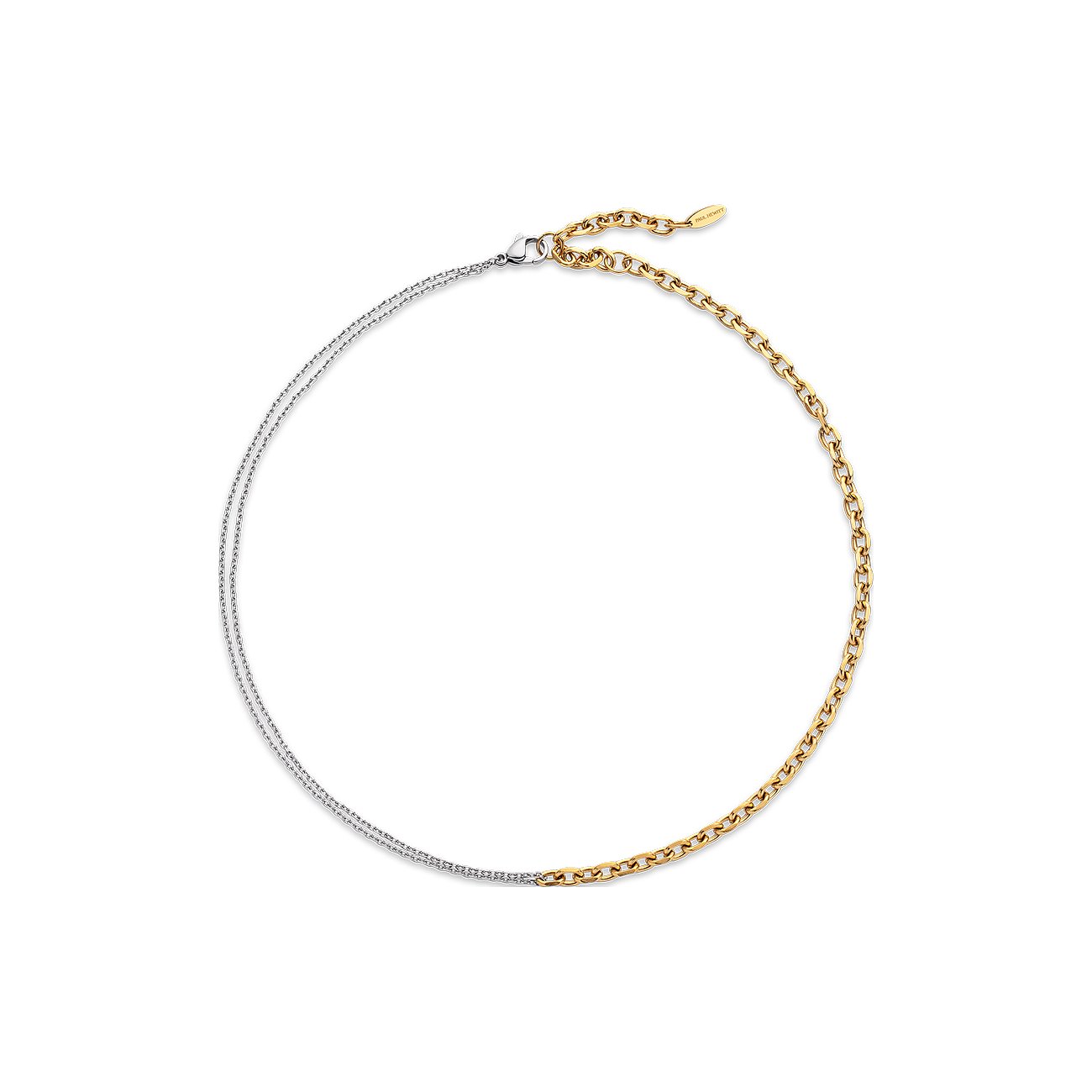 Paul Hewitt Halskette aus zweifarbigem Edelstahl, links silberne feine Kette und rechts goldene Gliederkette.