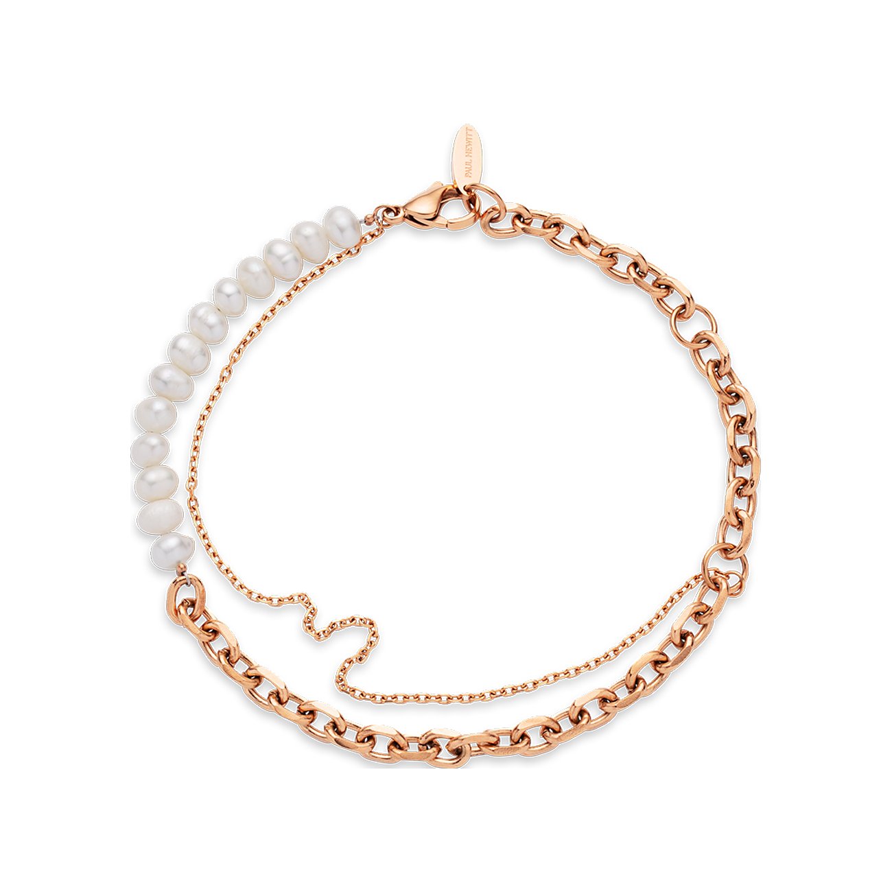 Paul Hewitt Armschmuck aus rosévergoldetem Edelstahl, halb grobgliedriger Kette, halb Perlenkette mit feiner Kette.