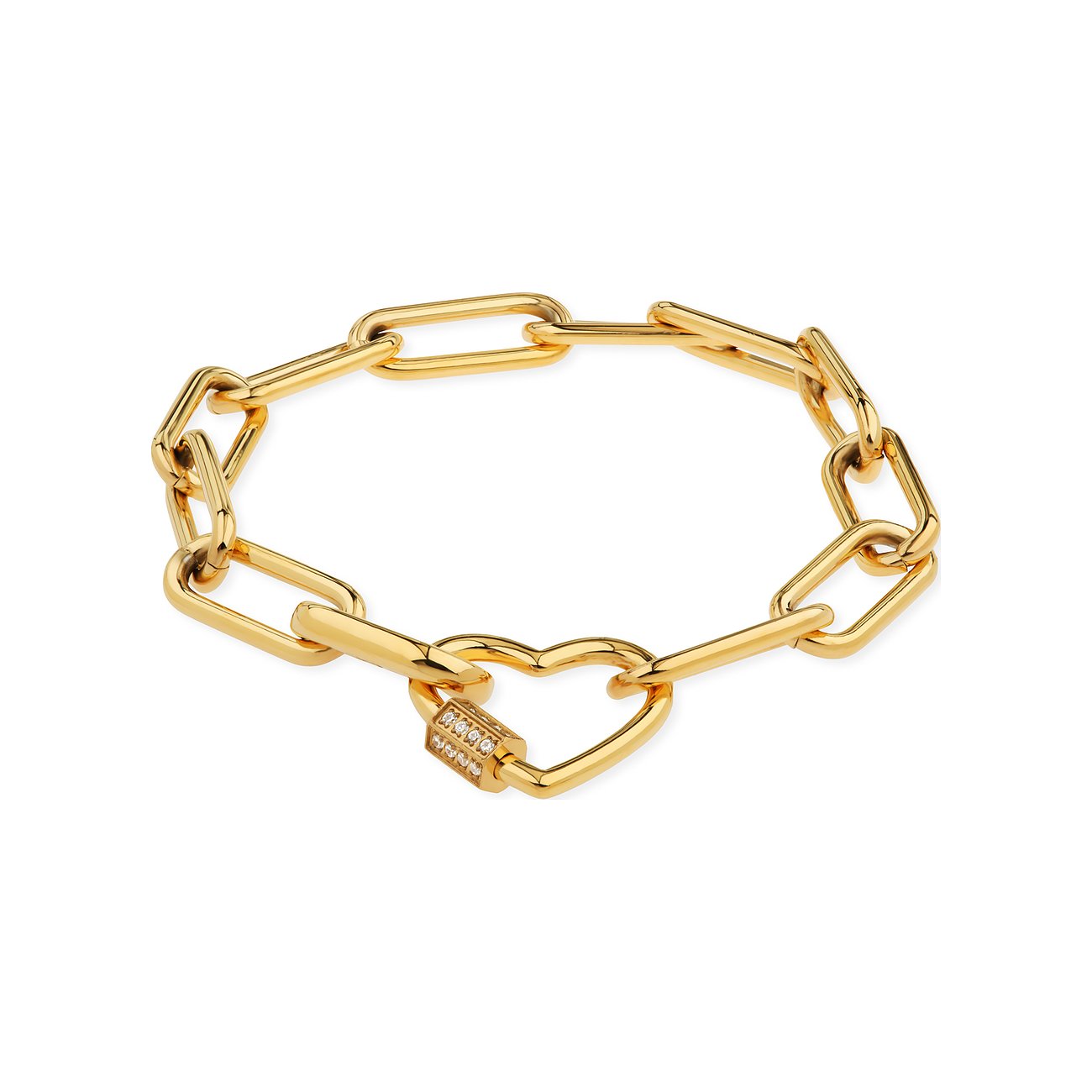 Ein Guido Maria Kretschmer Armband aus goldfarbenem Edelstahl mit großen Gliedern und einem Herzverschluss mit Zirkonia.
