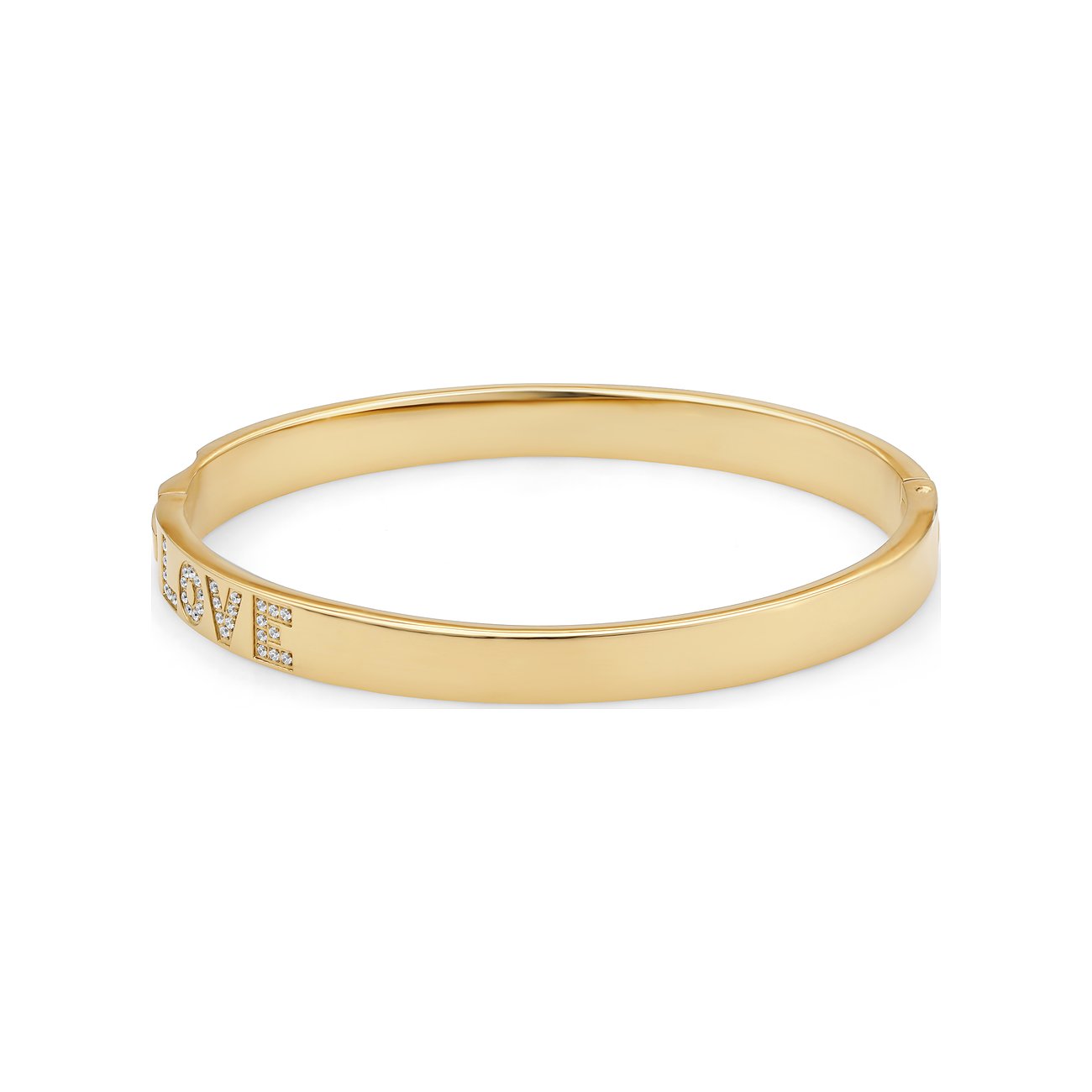 Guido Maria Kretschmer Armreif aus goldfarbenem Edelstahl mit Zirkonia, die das Wort „love“ bilden.