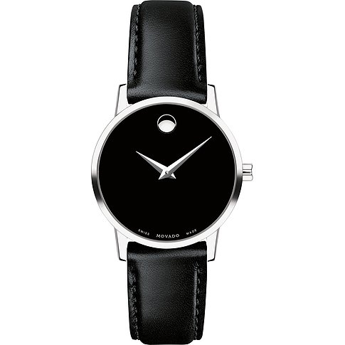 Movado Damenuhr mit Edelstahlgehäuse, schwarzem Zifferblatt und schwarzem Lederarmband.