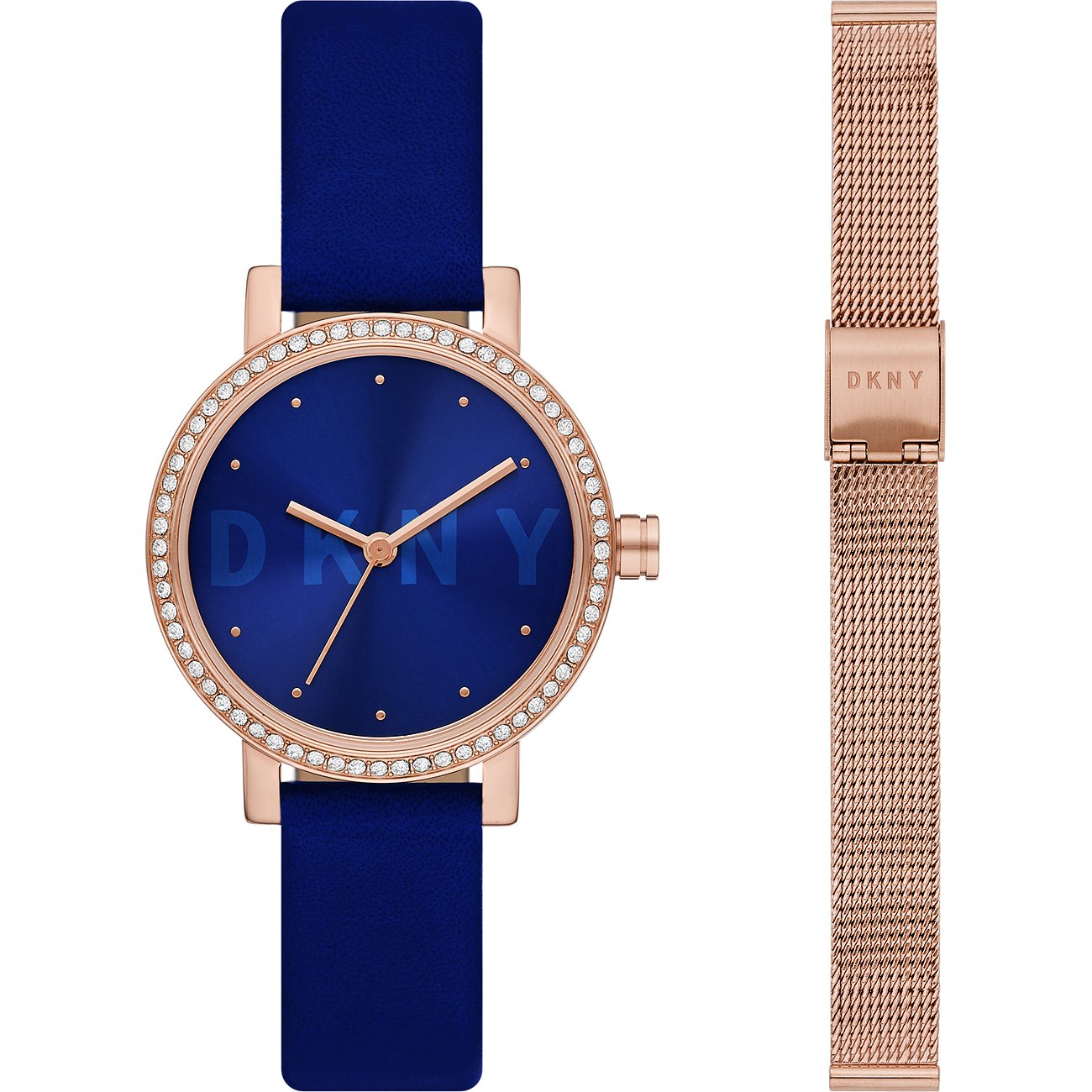 Coffret cadeau DKNY: montre or rose, cadran bleu, bracelet cuir & pierres. Plus bracelet or rose.