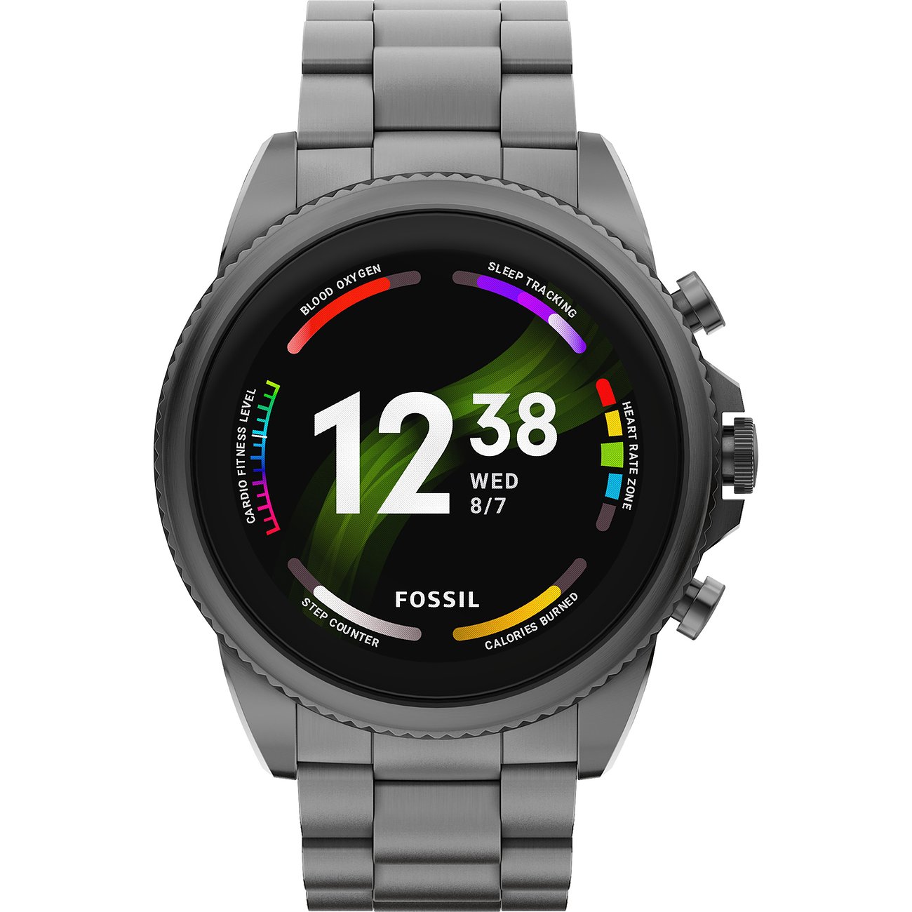 Nahaufnahme der Fossil Smartwatch aus mattgrauem Edelstahl mit digitaler Zeitanzeige und Aktivitätstracker.