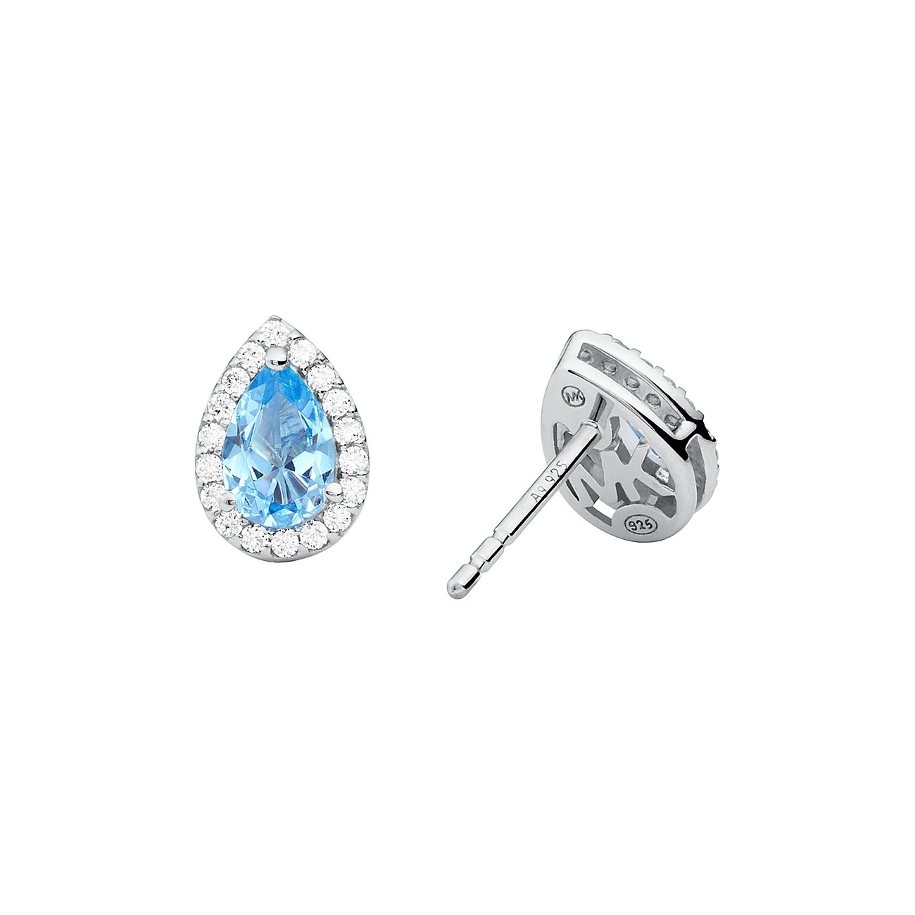 Michael Kors Ohrstecker aus 925er Silber mit tropfenförmigem blauen Zirkonia, umgeben von kleinen weißen Steinen.