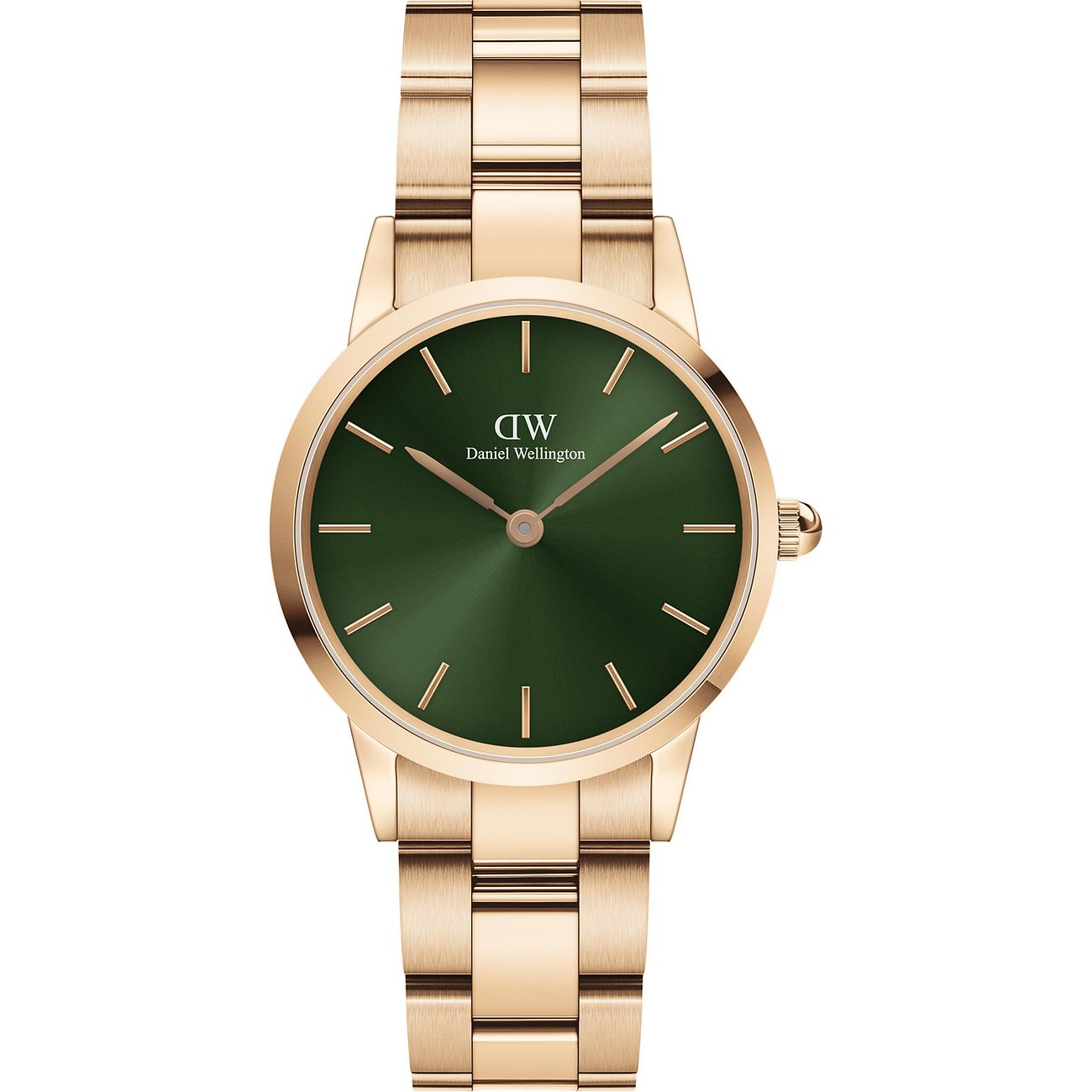 Daniel Wellington Unisexuhr aus roségoldfarbenem Edelstahl mit dunkelgrünem Zifferblatt und roségoldfarbenen Zeigern.