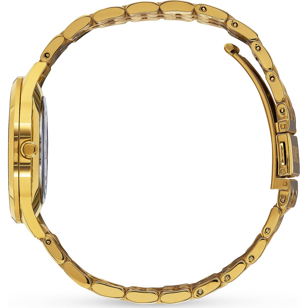 Die goldfarbene Guido Maria Kretschmer Damenuhr aus Edelstahl von der Seite, das Armband ist offen.