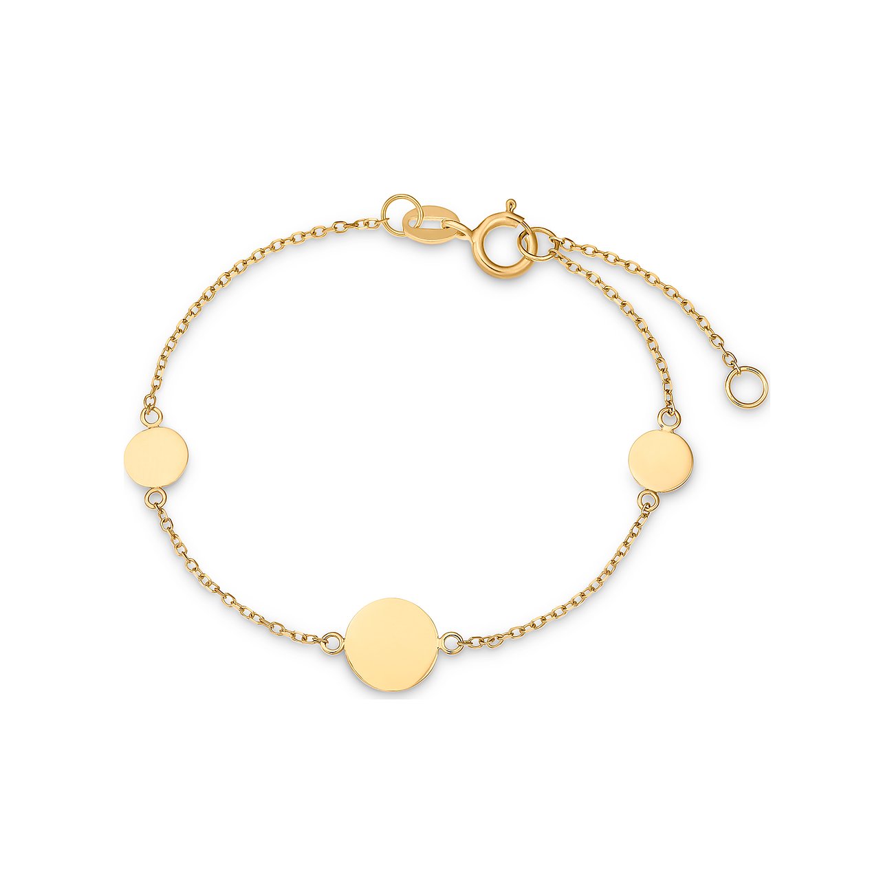 FAVS Little Friends Armschmuck aus 375er Gelbgold mit drei runden Scheiben und Karabinerverschluss.