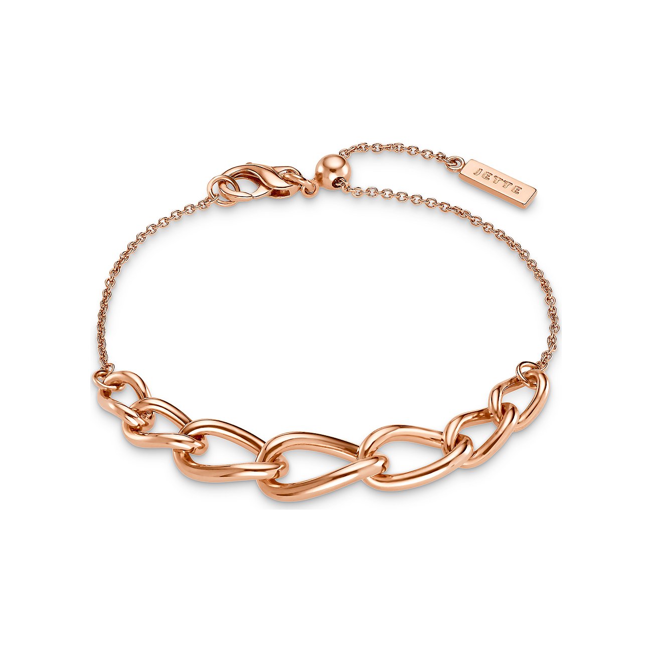 JETTE Armschmuck aus rosé vergoldetem 925er Silber. Ein Teil des Armbands besteht aus großen, schlaufenartigen Gliedern.