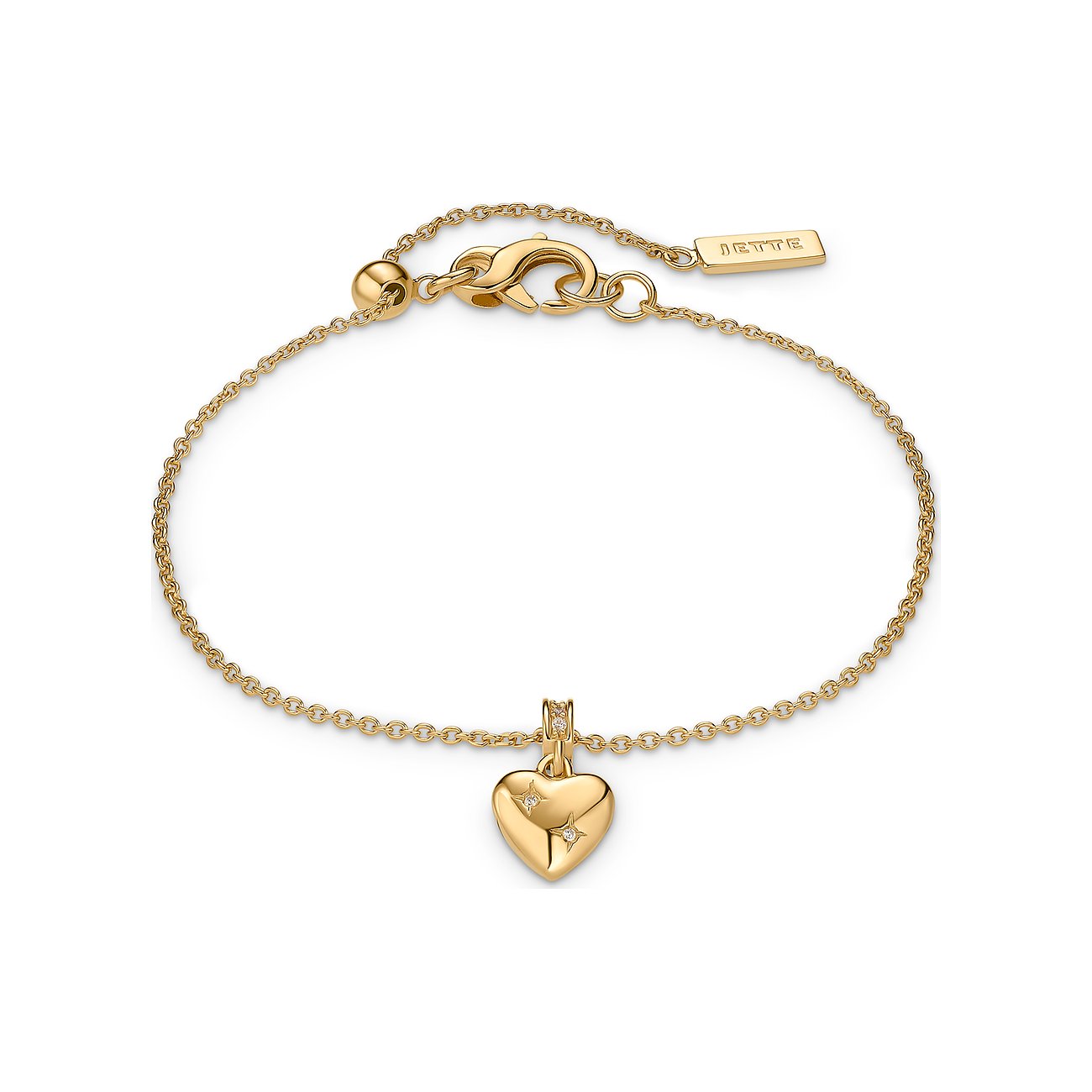 JETTE Herz-Armband aus vergoldetem 925er Silber mit Zirkonia-Steinen, sichtbar von oben.
