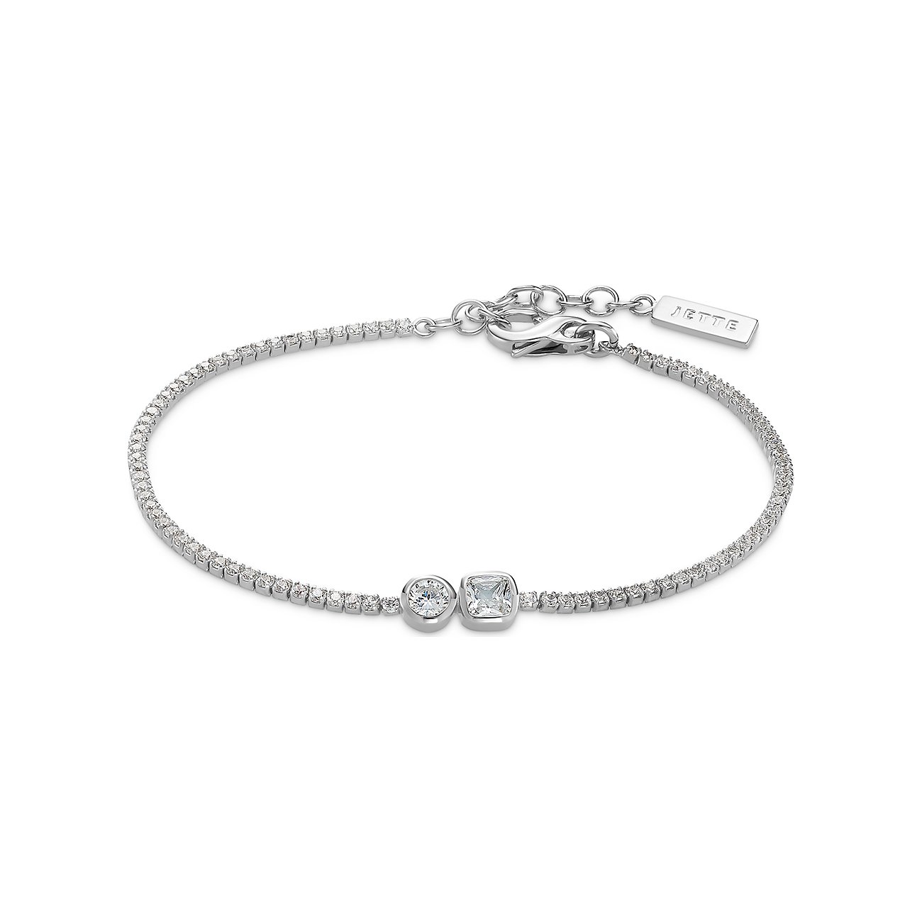 JETTE Armschmuck aus 925er Silber mit Zirkonia-Steinen. Runde und quadratische Steine. Ankerkette mit JETTE-Logoanhänger.
