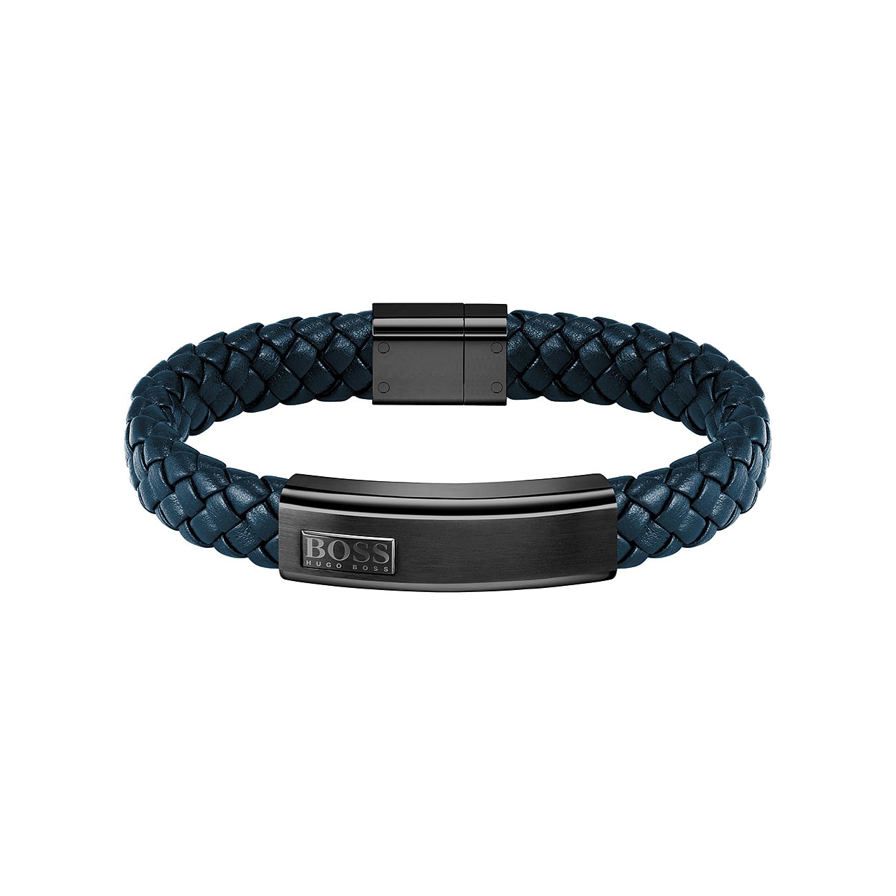 Boss Arsmchmuck aus geflochtenem marineblauem Leder mit schwarzer Metallplakette und Boss Hugo Boss Logo.