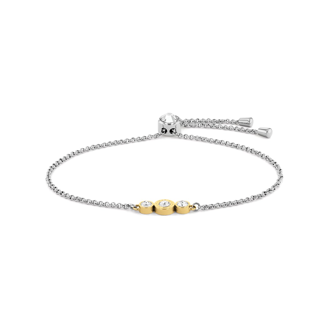 Tommy Hilfiger Armband aus Edelstahl mit silberfarbener Kette. Drei goldfarbene Zierelemente mit Zirkonia-Farbsteinen.