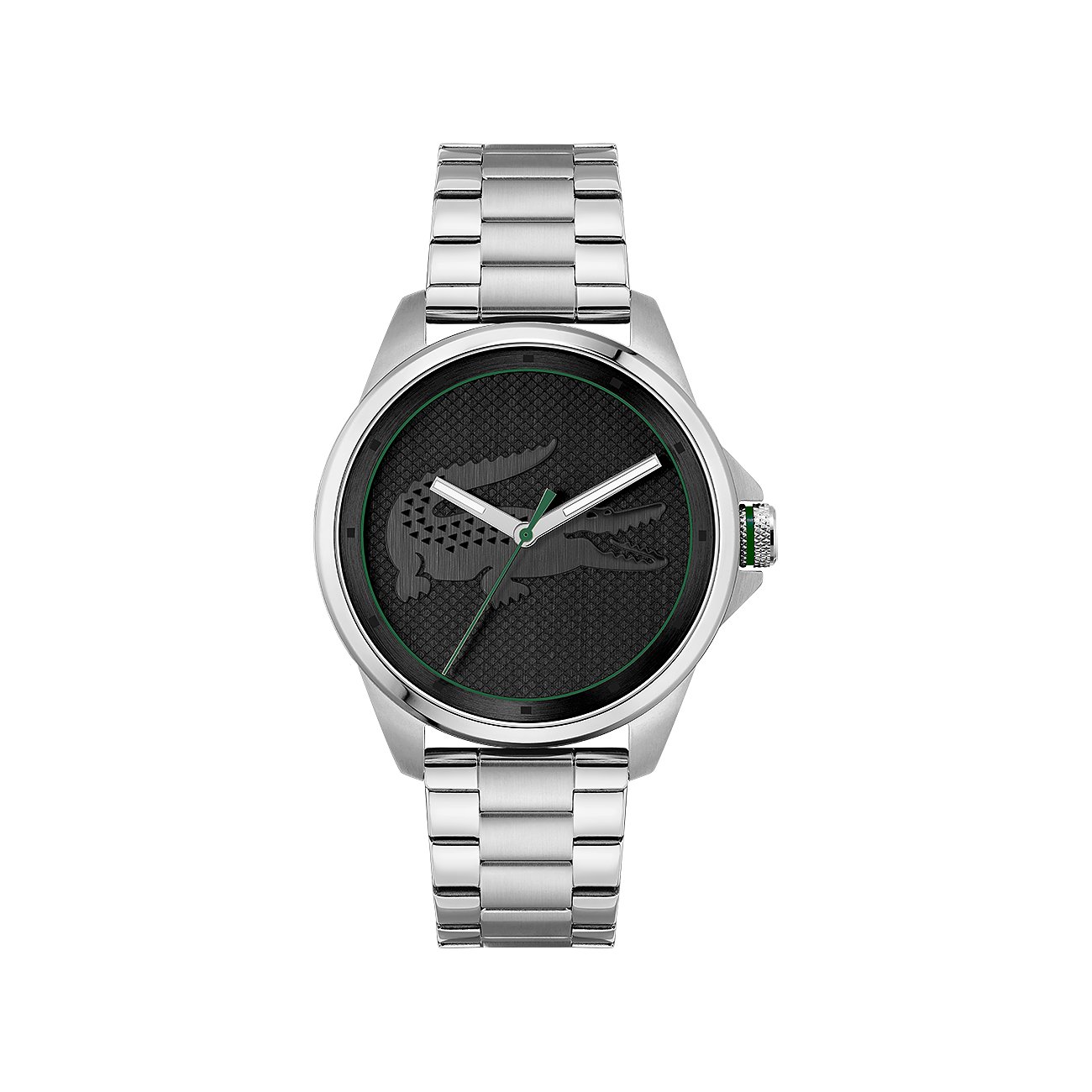 Lacoste Herrenuhr aus Edelstahl mit silbernem Armband, schwarzem Zifferblatt und grünem Lacoste Krokodil.