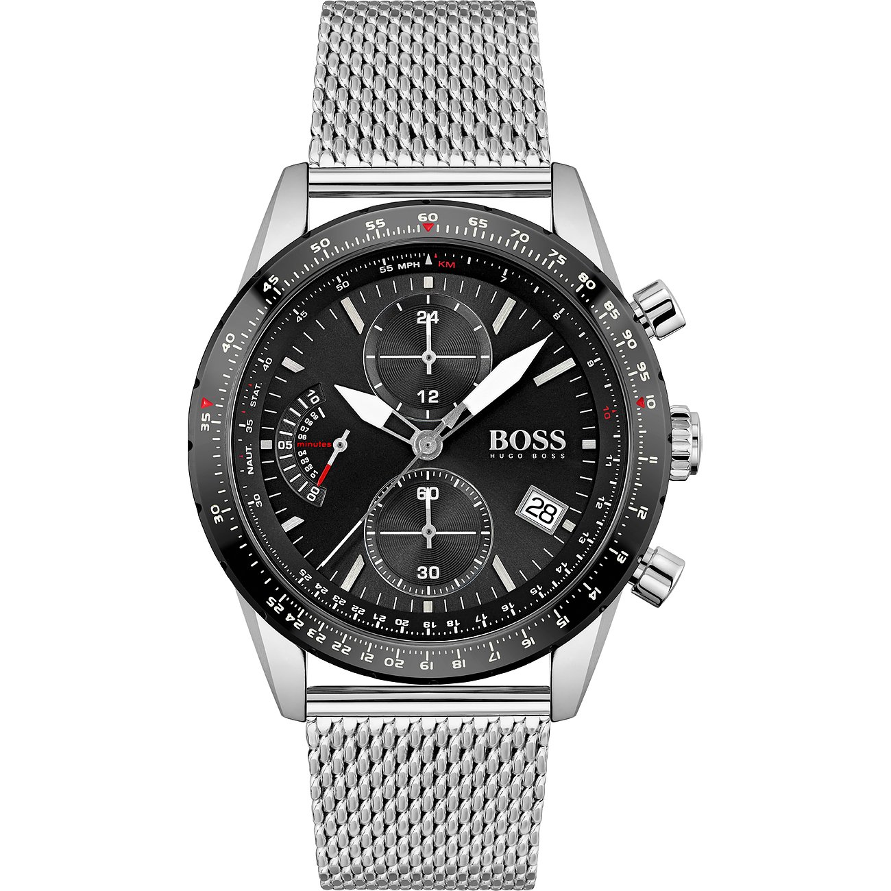 Boss Herrenuhr aus Edelstahl mit dunklem Zifferblatt, drei Hilfszifferblättern und einem Milanaise-Armband.
