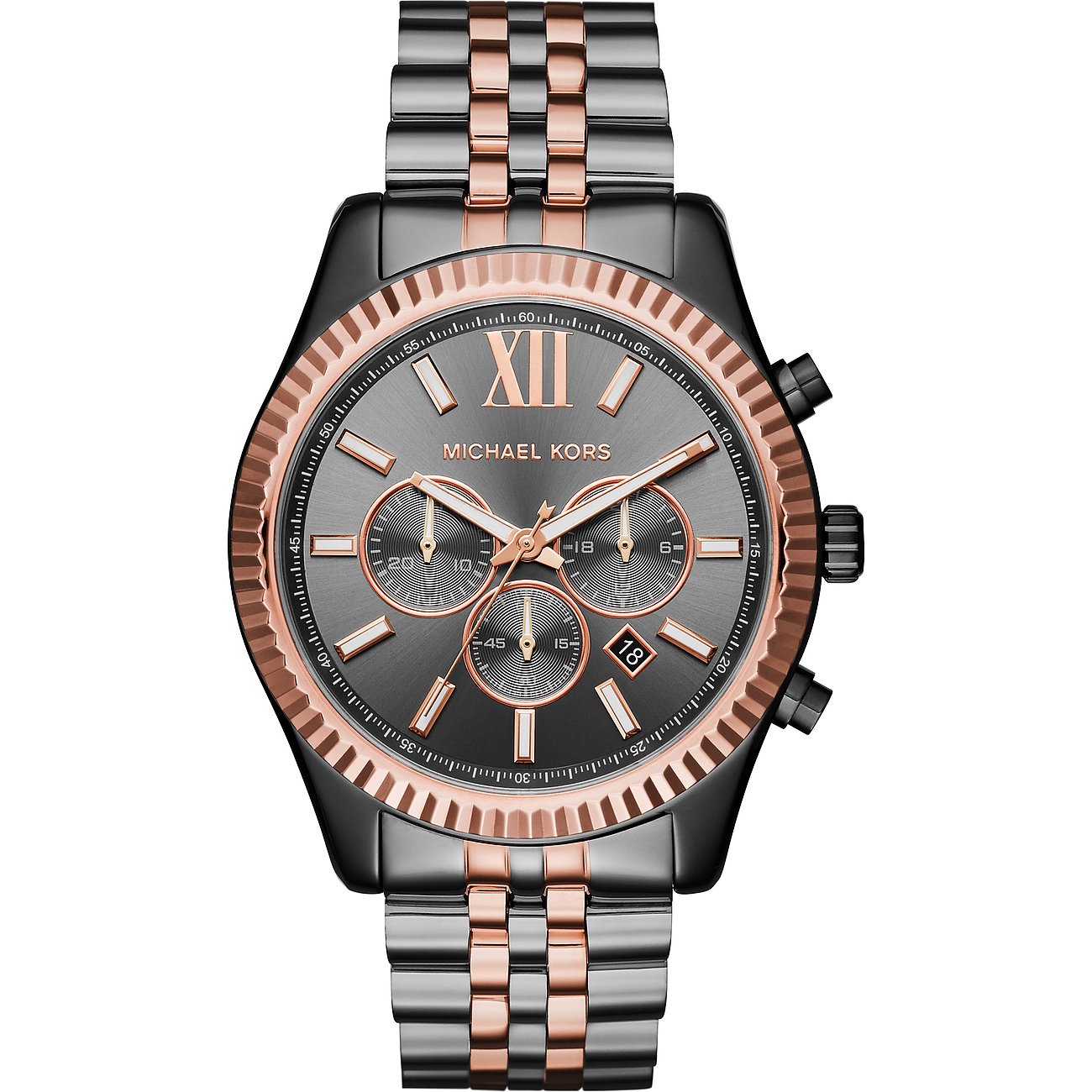 Michael Kors Herrenuhr aus Edelstahl in Schwarz und Roségold mit grauem Zifferblatt und Chronograph.