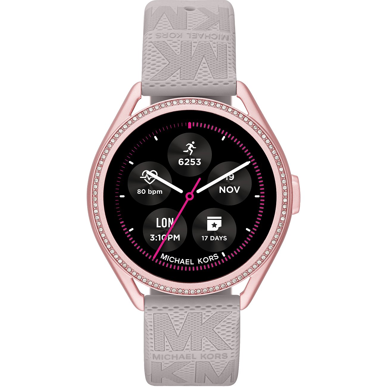 Michael Kors Smartwatch aus Aluminium in Roségold mit grauem Silikonarmband und zirkoniabesetzter Lünette.