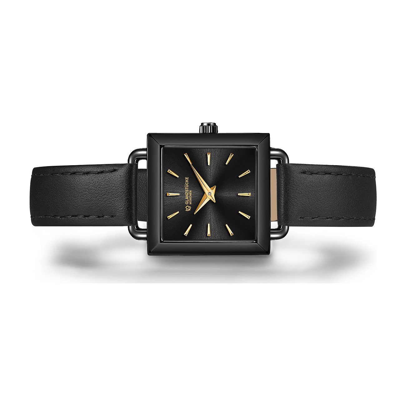 Glanzstücke München Damenuhr aus schwarzem Edelstahl mit quadratischem Gehäuse und schwarzem Lederarmband.