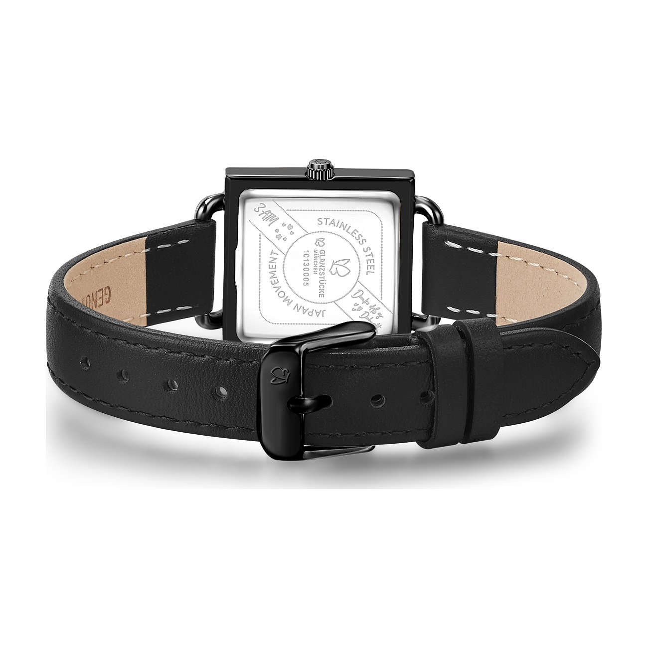 Die Rückseite der Glanzstücke München Damenuhr aus schwarzem Edelstahl mit Lederarmband und Dornschließe.