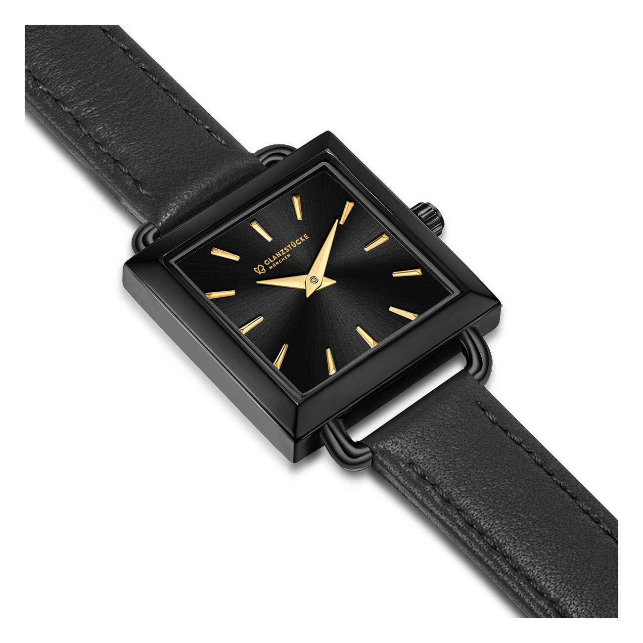 Eine Glanzstücke München Damenuhr aus schwarzem Edelstahl, mit quadratischem Zifferblatt und einem schwarzen Lederarmband.