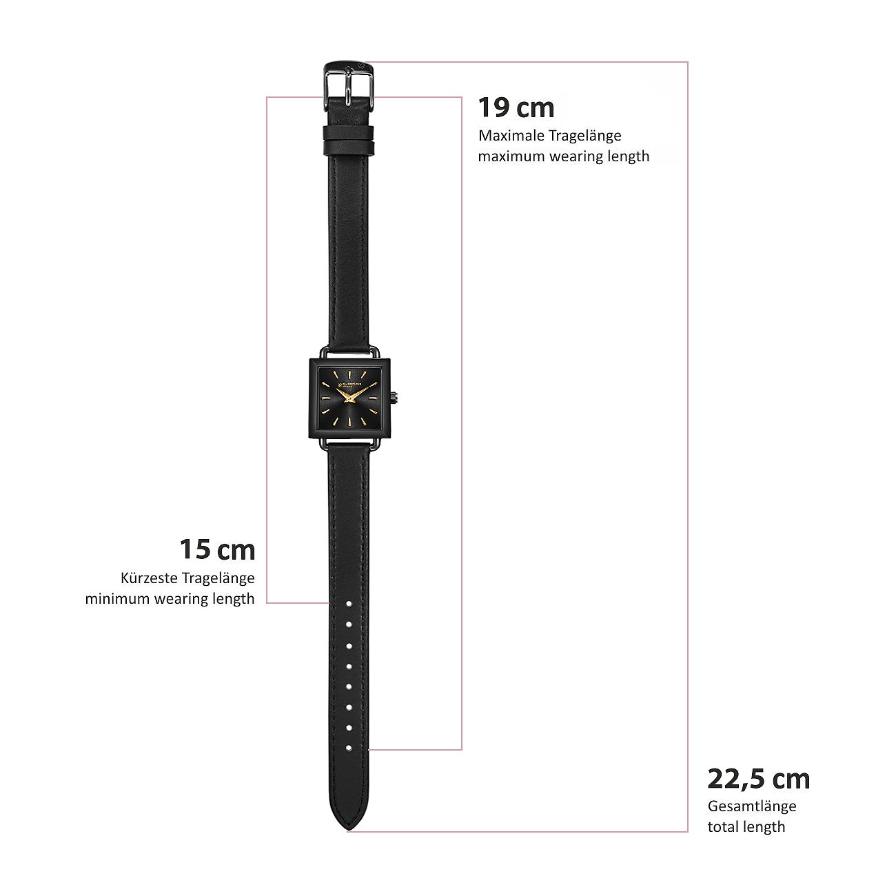 Maße der Glanzstücke München Damenuhr: maximale Tragelänge 19 cm, kürzeste Tragelänge 15 cm, Gesamtlänge 22,5 cm.
