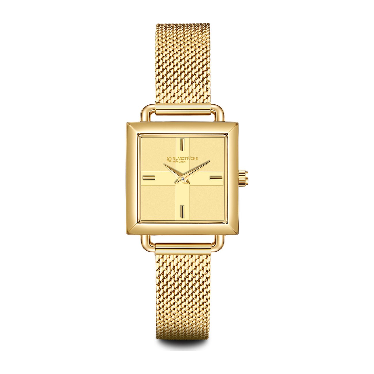 Goldfarbene Glanzstücke München Damenuhr aus Edelstahl, quadratisches Zifferblatt, feingliedriges Mesh-Armband, frontal