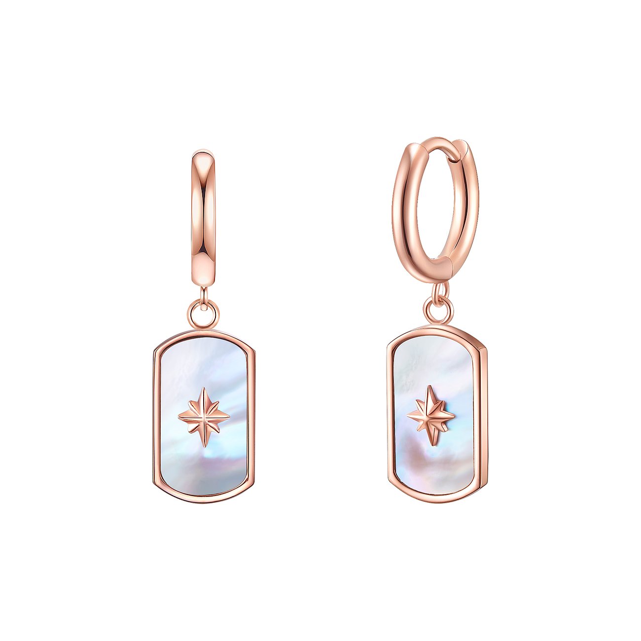 Valero Pearls Ohrschmuck aus roségoldfarbenem Edelstahl mit Perlmutt und Stern-Motiv.