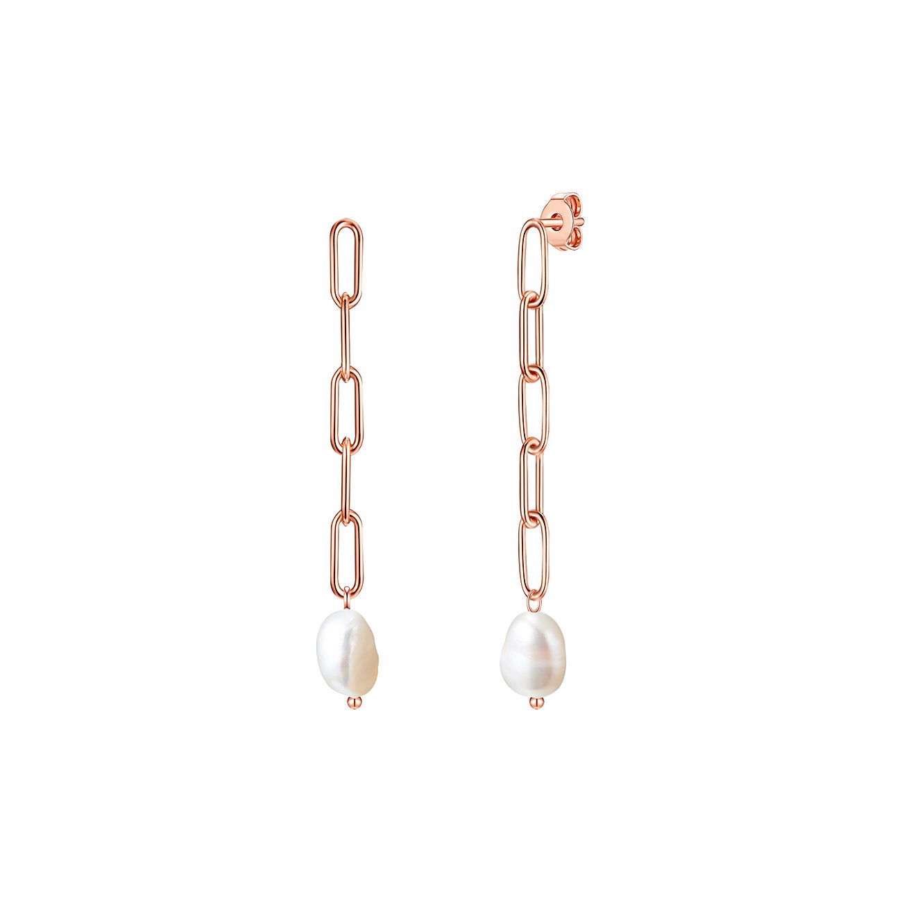 Valero Pearls Ohrschmuck aus rosévergoldetem Edelstahl, lange Kette mit Barockperlen am Ende.