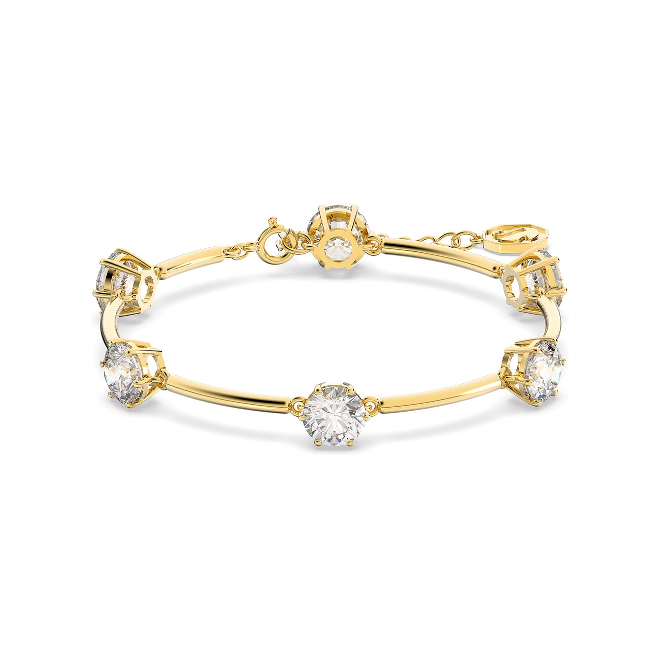 Swarovski Armband aus goldfarbenem Metall mit sechs runden, klaren Swarovski-Kristallen von oben gesehen.