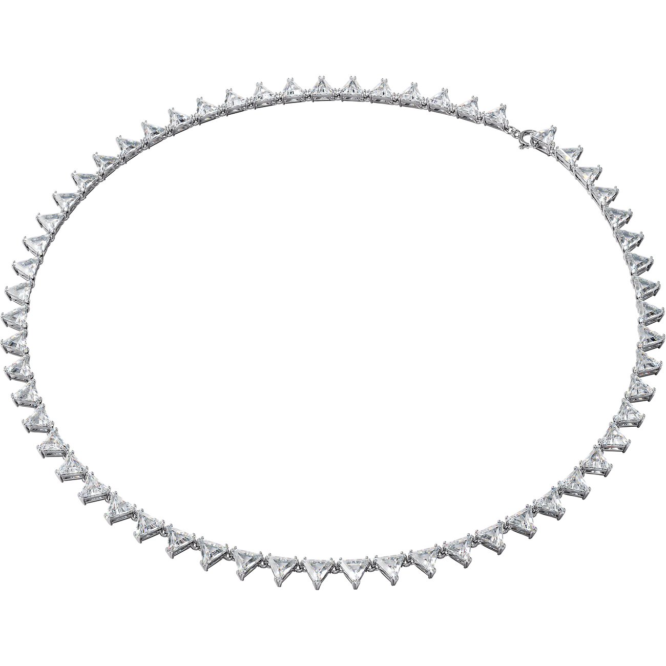 Ein Swarovski Halsschmuck aus Metall mit vielen dreieckigen Swarovski-Kristallen in einer Reihe, die ein Collier bilden.