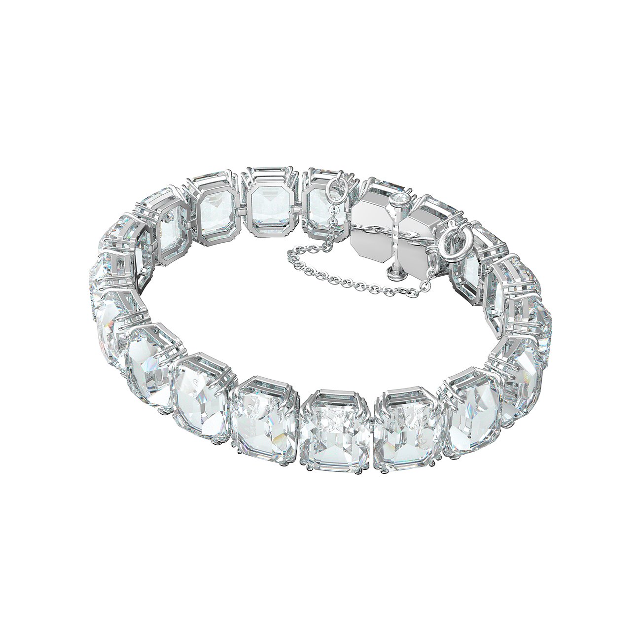 Swarovski Armband aus Metall, besetzt mit mehreren rechteckigen, klaren Swarovski-Kristallen in einer Reihe.
