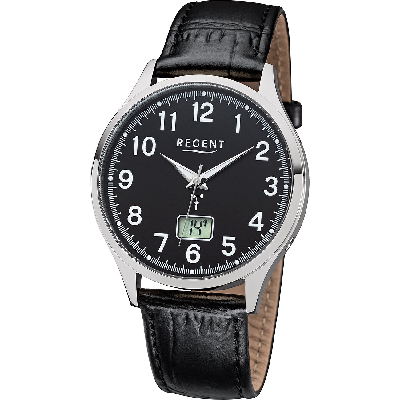 Eine Regent Herrenuhr aus Edelstahl mit schwarzem Zifferblatt, weißen arabischen Ziffern und einem schwarzen Lederarmband.