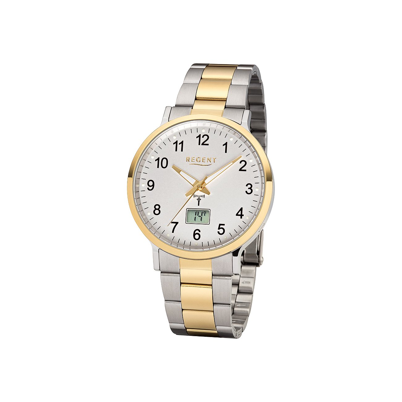 Regent Herrenuhr aus Bicolor-Edelstahl mit hellem Zifferblatt, goldenen Zeigern und einem Digitaldisplay bei 6 Uhr.
