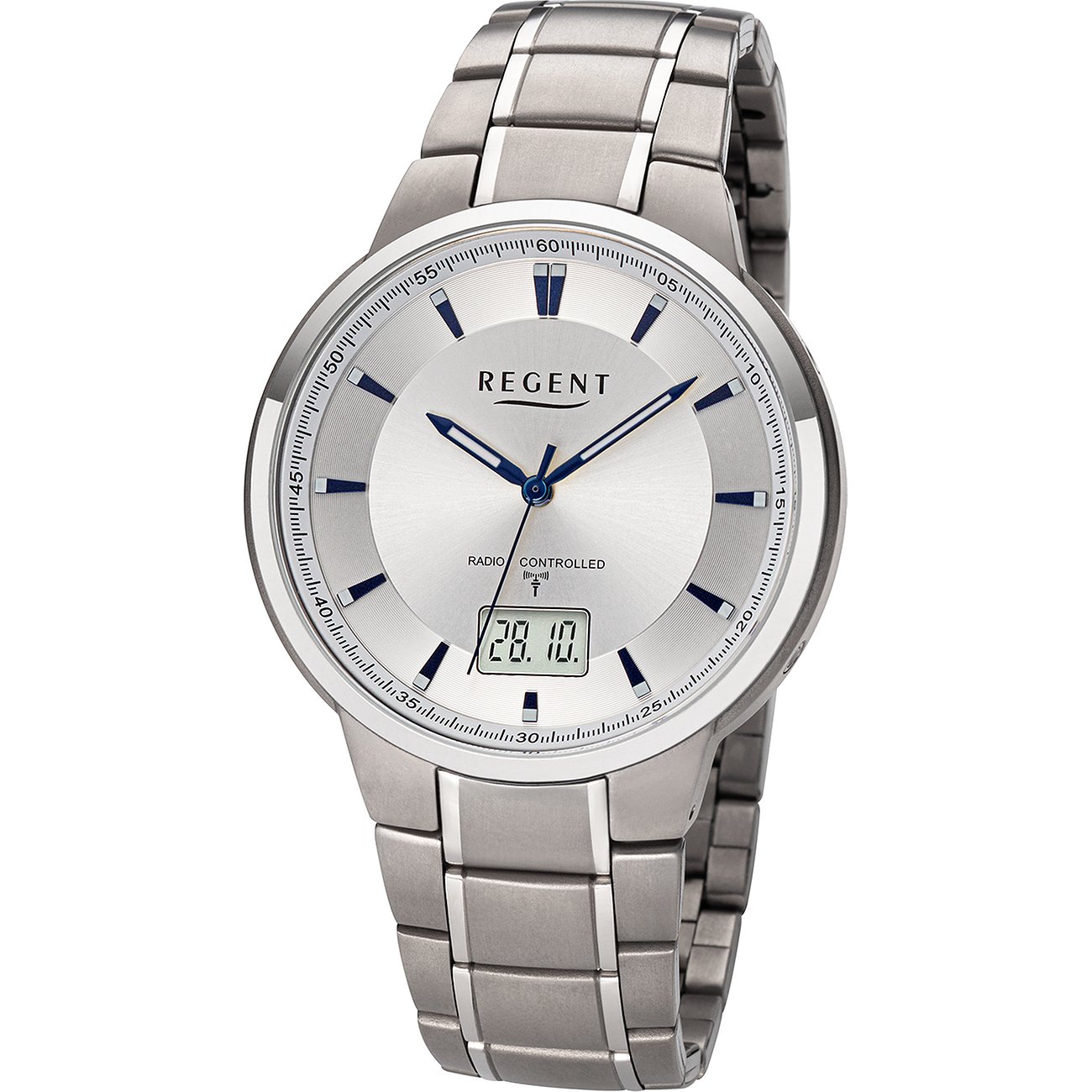 Regent Herrenuhr aus Titan, silberfarben, mit einem silbernen Zifferblatt und einem digitalen Datumsfeld, frontal.