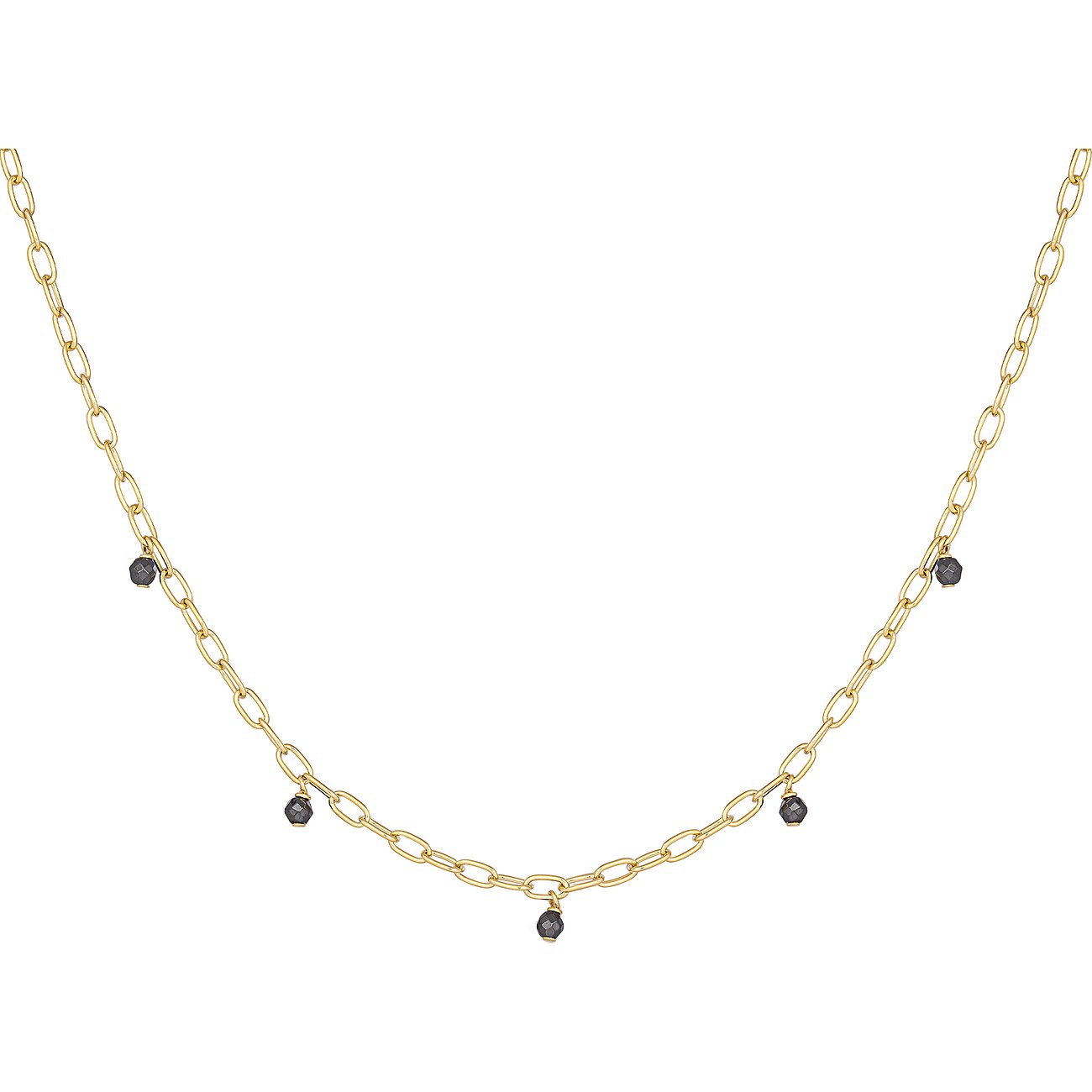 Caï Halsband: Ett guldfärgat silverhalsband med stora, ovala öglor, prytt med fem hematitfärgade stenar.