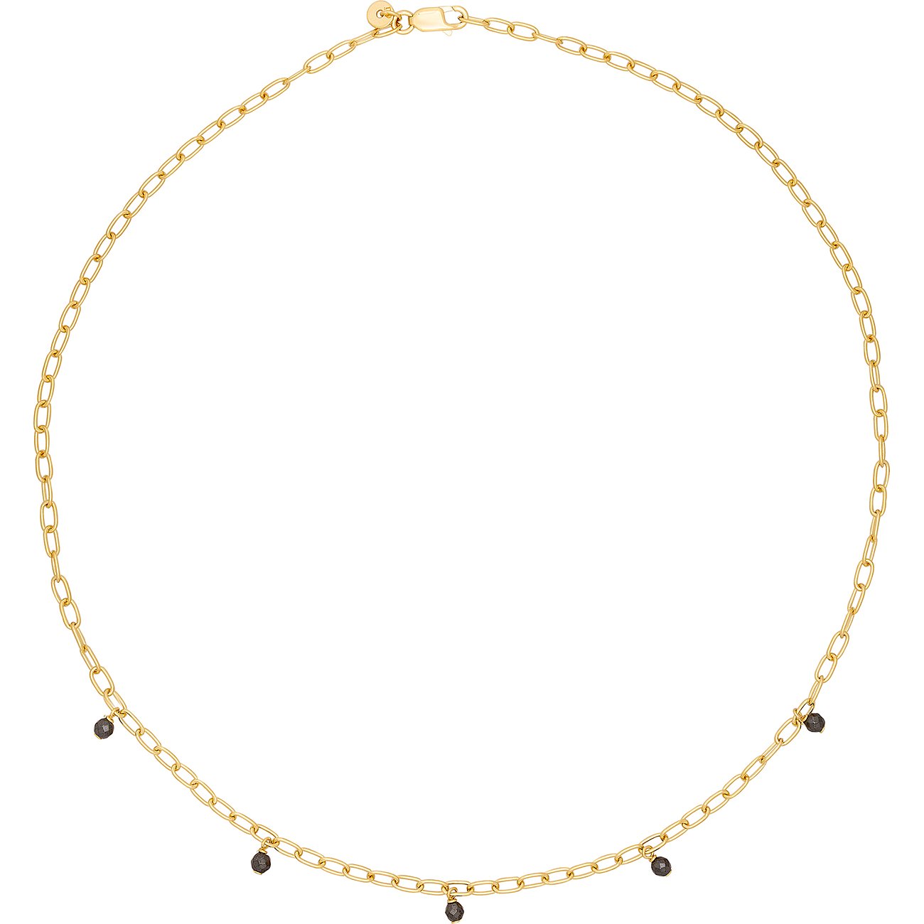 Caï halsband: Ett guldfärgat silverhalsband med fem små, mörkt glänsande hematit-färgstenar.