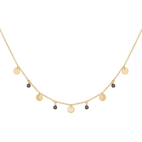 Gros plan d'un collier Caï en argent sterling 925 plaqué or avec pendentifs ronds et pierres de couleur hématite.