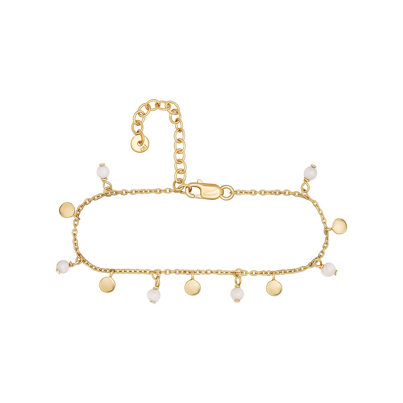Caï Armband aus 925er Silber mit goldfarbener Beschichtung, verziert mit runden Achat-Farbsteinen und kleinen Plättchen.