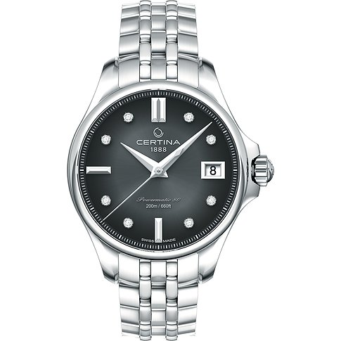 Certina Damenuhr mit Edelstahlgehäuse und dunklem Zifferblatt mit Steinen.