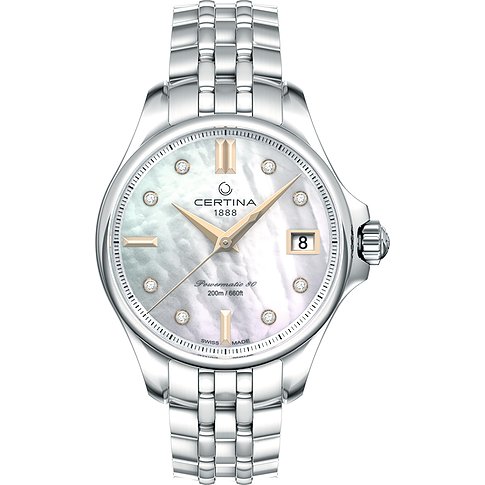 Certina Damenuhr aus Edelstahl mit Datumsanzeige und Zirkonia-Steinen.