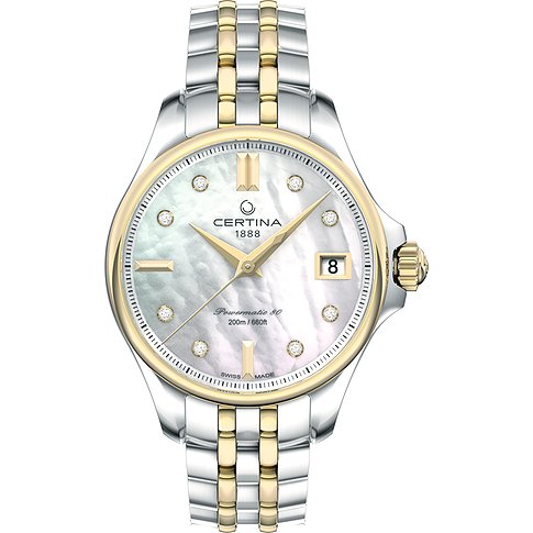 Certina Damenuhr mit Edelstahlgehäuse, bicolor, mit Diamanten und Datumsanzeige.
