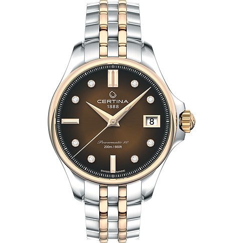 Certina Damenuhr mit Edelstahlgehäuse, bicolor, analog, mit 8 Steinen.