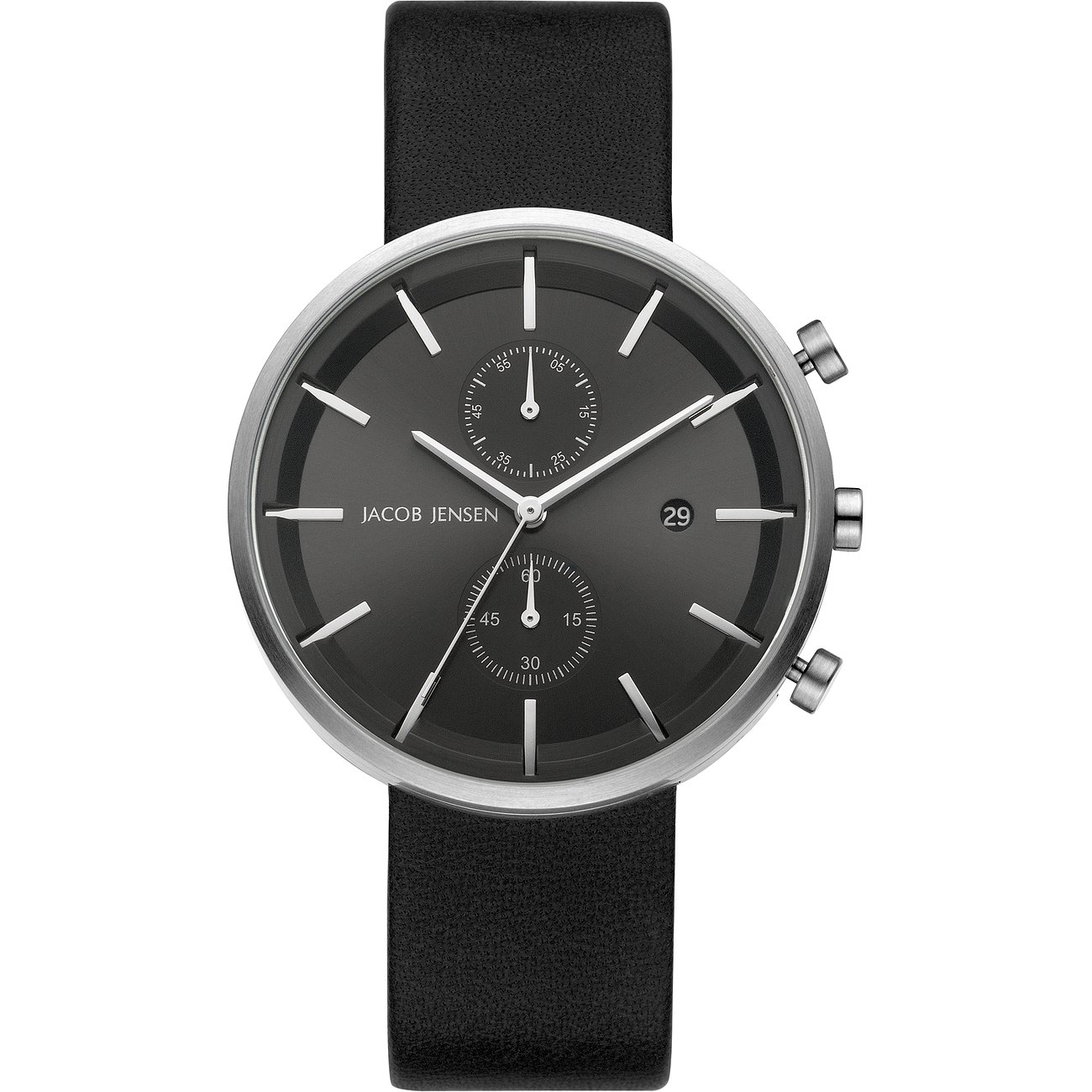 Jacob Jensen Herrenuhr aus Edelstahl mit dunklem Zifferblatt, drei Hilfszifferblättern und schwarzem Lederarmband.